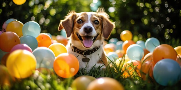 Uroczy pies Beagle bawiący się kolorowymi balonami w ogrodzie