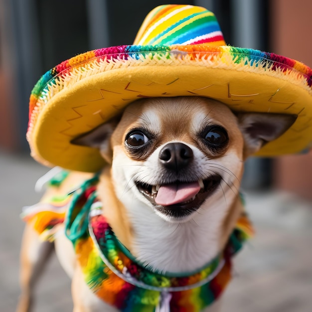 Uroczy pies chihuahua z meksykańskim kapeluszem sombrero Happy Cinco De Mayo moda