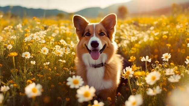 Uroczy pies corgi z kwiatami na wiosnę Generative AI