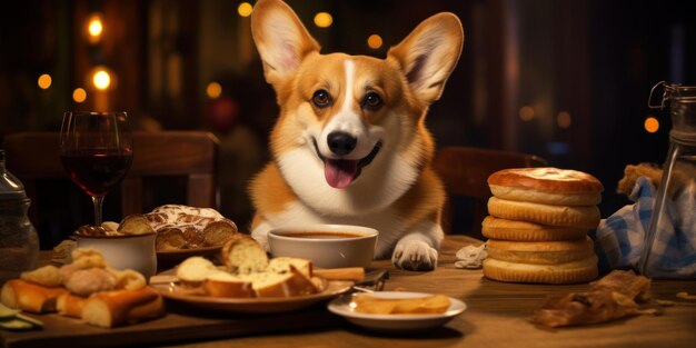 Zdjęcie uroczy pies corgi z radością cieszy się wspaniałym posiłkiem przy przytulnym drewnianym stole, z entuzjazmem delektując się każdym kęsem.