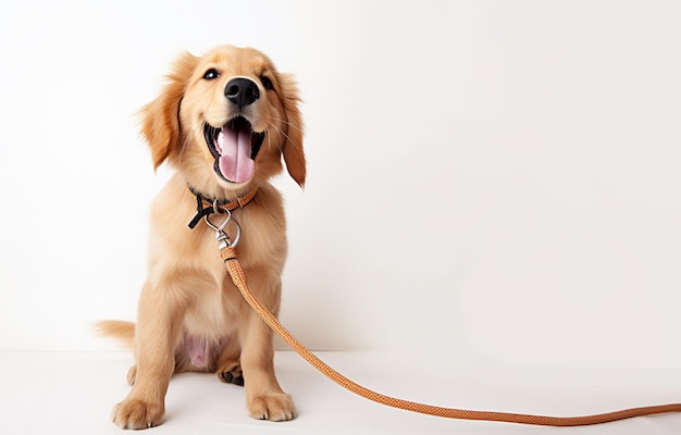 Uroczy pies Golden Retriever ze smyczą na białym tle