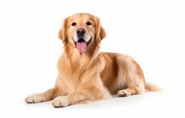 Uroczy pies Golden Retriever ze smyczą na białym tle