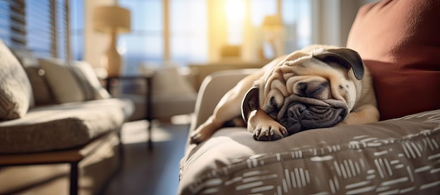 Uroczy pies leżący i relaksujący się na sofie w pomieszczeniu Generacyjna sztuczna inteligencja