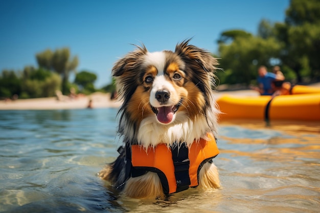 Uroczy pies na plaży z kamizelką ratunkową i urządzeniem unoszącym się na wodzie AI