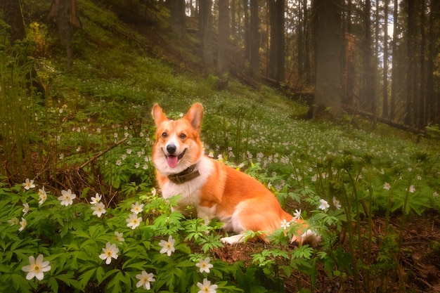 Uroczy Pies Rasy Welsh Corgi Pembroke Na Polanie Ze świeżymi Białymi Pierwiosnkami Wiosna Natura W Słonecznym Lesie