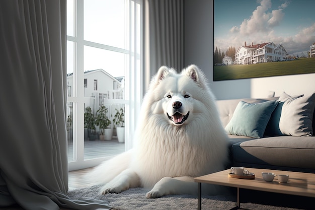 Uroczy pies Samoyed w nowoczesnym salonie