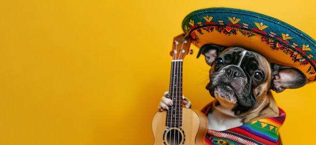 Uroczy pies w kapeluszu sombrero gra na gitarze na żółtym tle Cinco de Mayo