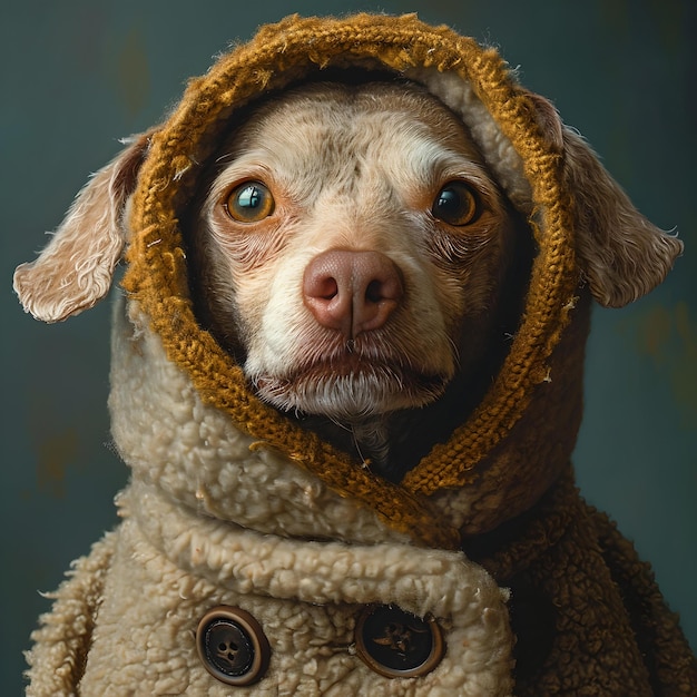Uroczy pies w przytulnym zimowym płaszczu, patrzący w kamerę uduchowionymi oczami, idealny dla miłośników zwierząt AI