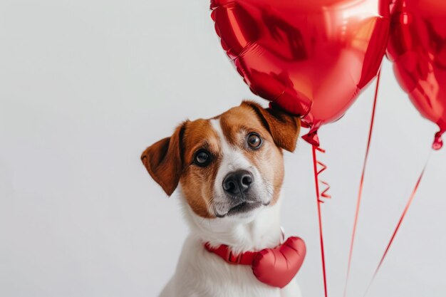 Uroczy pies z balonem w kształcie serca.