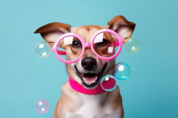 Uroczy pies z dużymi różowymi okularami radośnie otoczony kolorowymi pływającymi pęcherzami na uspokajającym tle wodnym
