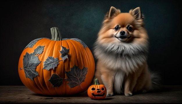 Uroczy Pomorski pies pozuje z Halloweenową banią