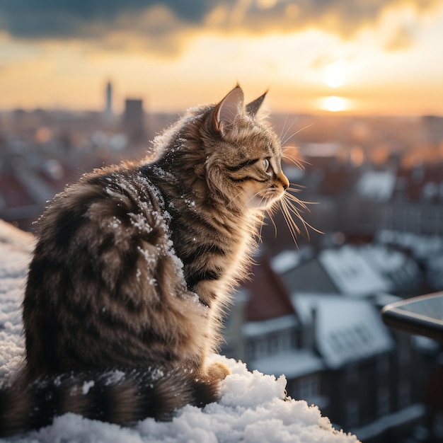 uroczy puszysty kot siedzi na przeglądzie dachu na starym mieście w Tallinie