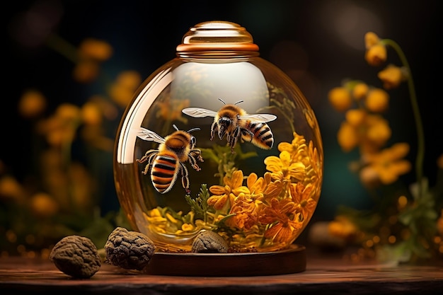 Uroczy słoik miodu z lilii z pszczołą wewnątrz kuli Generatywna sztuczna inteligencja
