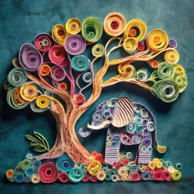 Uroczy słoń pod kolorowym drzewem artystycznym