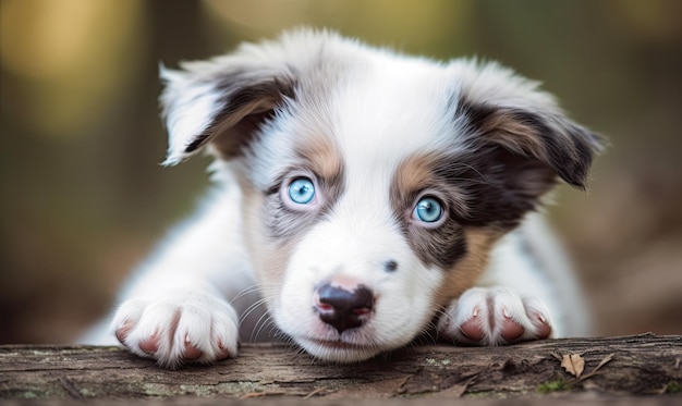 Uroczy szczeniak rasy border collie podbija serca swoimi urzekającymi niebieskimi oczami. Tworzenie za pomocą generatywnych narzędzi sztucznej inteligencji