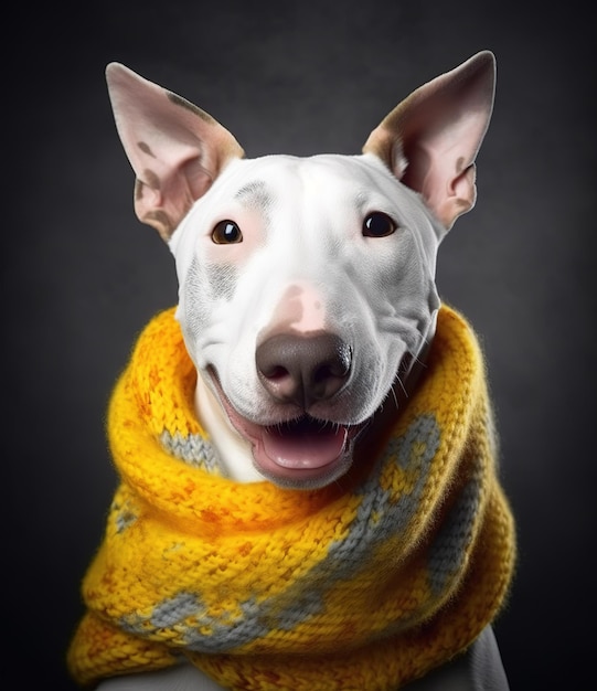 uroczy uśmiechnięty Bull Terrier z chustką na szarym tle