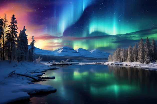 Uroczy widok Aurora Borealis pięknie odzwierciedla się w spokojnych wodach poniżej Północne Światła błyszczące nad śnieżnym krajobrazem AI generowane