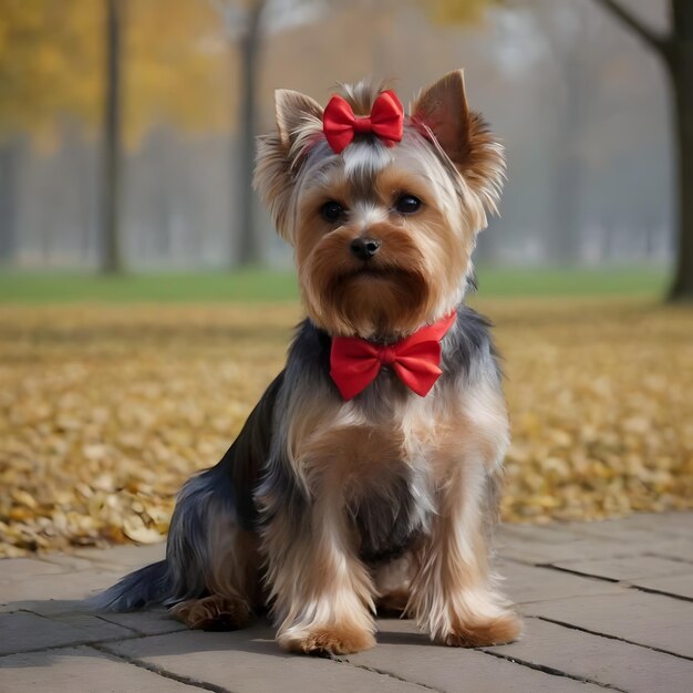 Zdjęcie uroczy yorkshire terrier z czerwonym łukiem w słonecznym parku