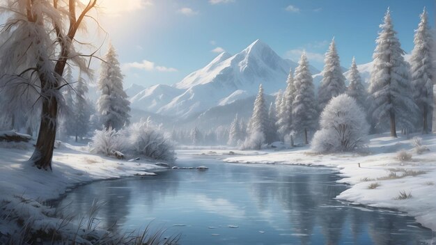 Zdjęcie uroczy zimowy krajobraz z stawem i pokrytymi śniegiem drzewami