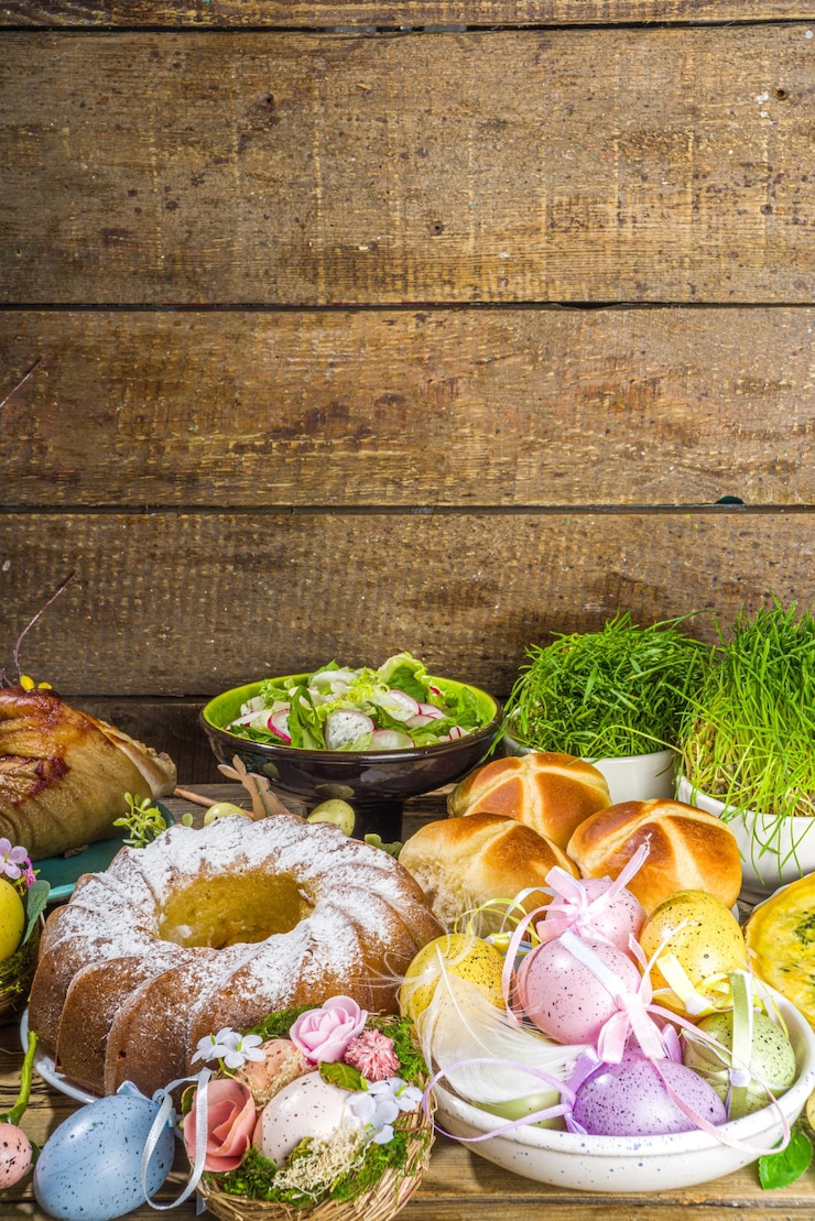 Zdjęcie uroczysta kolacja, brunch wielkanocny. tradycyjne potrawy wielkanocne na rodzinnym stole domowym - pieczone mięso, quiche, wiosenna sałatka, muffinka, kolorowe jajka, gorące bułeczki krzyżowe