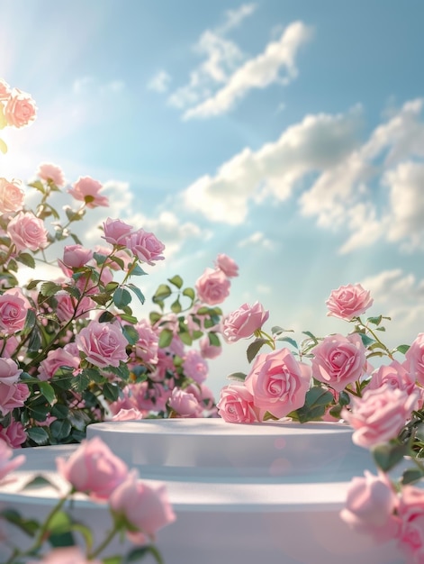 Uroczyste różowe podium ozdobione eleganckimi różami na tle miękkiego niebieskiego nieba z rozproszonymi chmurami idealne do wystawiania produktów