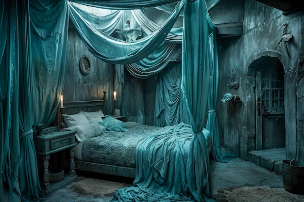Uroczyste, staroświeckie wnętrze sypialni z eleganckimi draperami i historycznym urokiem w oświetleniu Moody