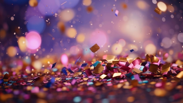 Uroczyste tło obchodów nowego roku ze spadającymi konfetti i światłami bokeh
