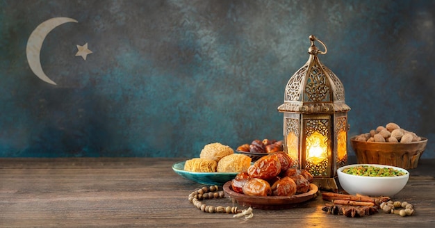 Uroczystość Eid alAdha na tle z arabską latarnią i świątecznym stołem Mawlid iftar Isra Miraj