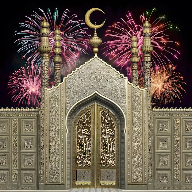 Uroczystość Eid Mubarak Królewska Lampa Brama meczetu z fajerwerkami Ramadan Kareem Stock Image