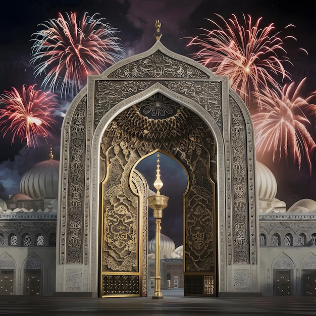 Uroczystość Eid Mubarak Królewska Lampa Brama meczetu z fajerwerkami Ramadan Kareem Stock Image