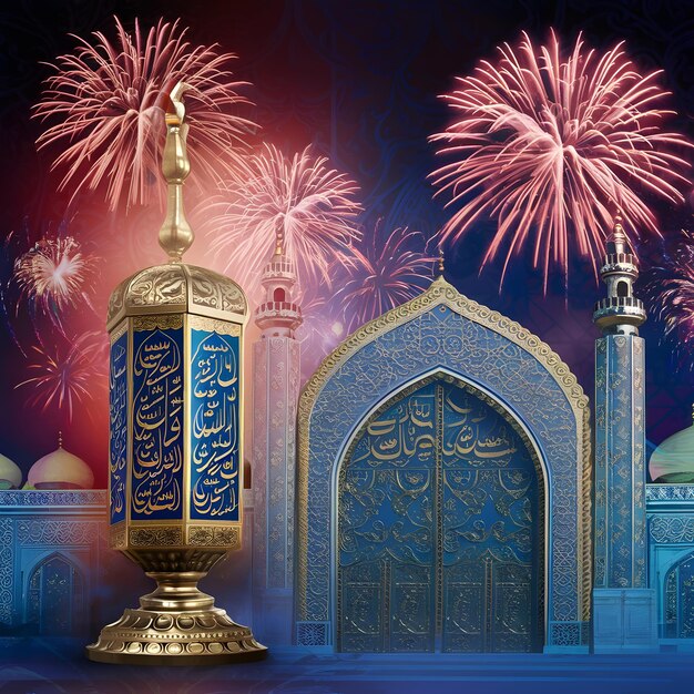 Uroczystość Eid Mubarak Królewska Lampa Brama meczetu z fajerwerkami Ramadan Kareem Stock Image