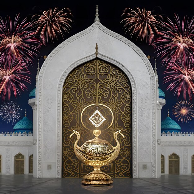 Uroczystość Eid Mubarak Królewska Lampa Brama meczetu z fajerwerkami Ramadan Kareem Stock Image