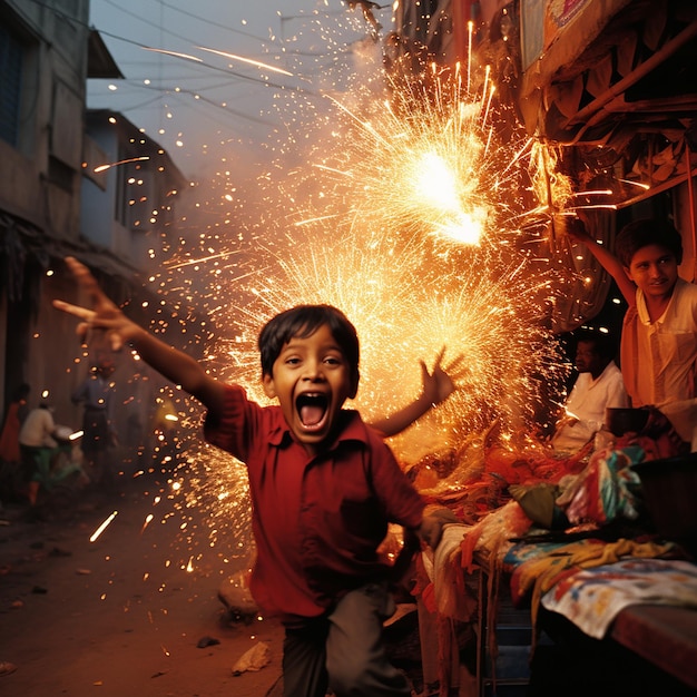 Uroczystość fajerwerków Diwali Diwali Fire Craker Celebration Dzieci Diwali Fireworks Celebration
