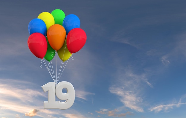 Uroczystość numer 19 Numer przyczepiony do balonów Renderowanie 3D