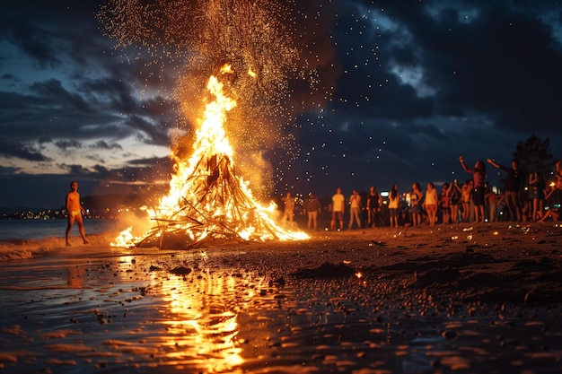 Zdjęcie uroczystość ognia na plaży w zmierzchu