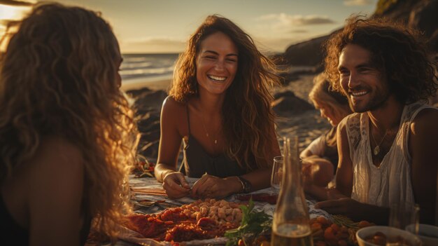 Uroczystość przedstawiająca różnorodną grupę przyjaciół, którzy spędzają czas na pikniku na brzegu morza, w towarzystwie pysznego jedzenia i sensacyjnego panoramu zachodu słońca.