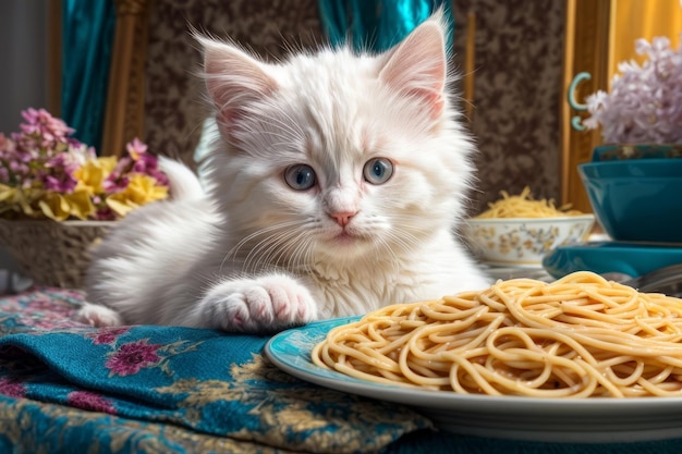 Uroczystość spotkać tureckiego kotka angory rozkoszując się talerzem spaghetti