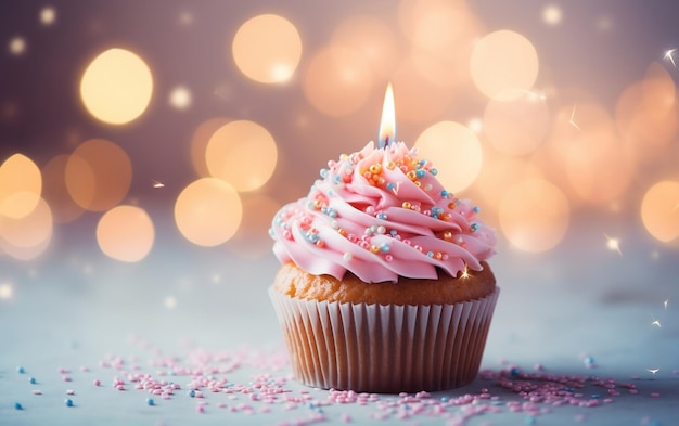 Uroczystość TwoCandle Pink Cream Birthday Cupcake z uroczystym dekoracją Generative AI
