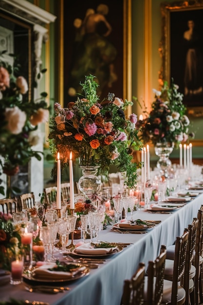 Uroczystość weselna i jesienny krajobraz świąteczny klasyczny jesienny wystrój i formalne nakrycie stołu w wiejskiej rezydencji ze świecami i pomysłem na dekorację kwiatową