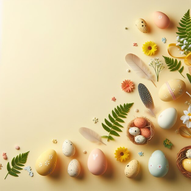 Uroczystość wielkanocna z ozdobionymi jajkami i wiosennymi kwiatami na pastelowym tle.