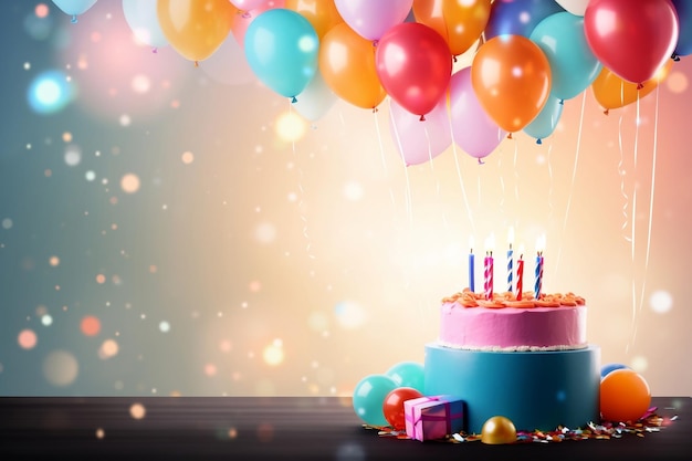 Uroczystość z tortem urodzinowym lub rocznicowym i balonami Generative Ai