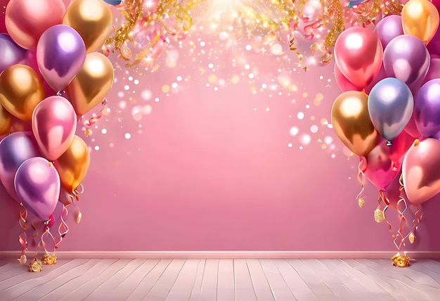 Uroczystości 3d rocznica urodzin z pudełkiem prezentem białe różowe i złote balony heliowe tło