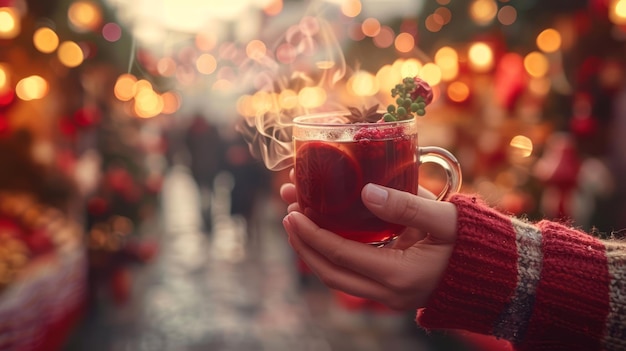 Uroczystości na targu świątecznym z rękami trzymającymi parzący kubek gorącego wina