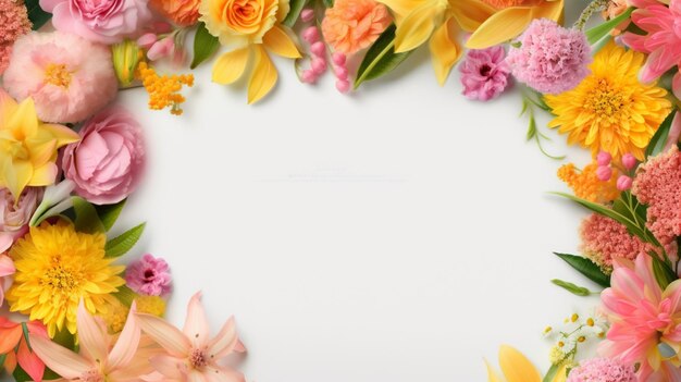 Zdjęcie uroczystości żółto-różowe kwiaty kompozycja ramki na białymgenerative ai
