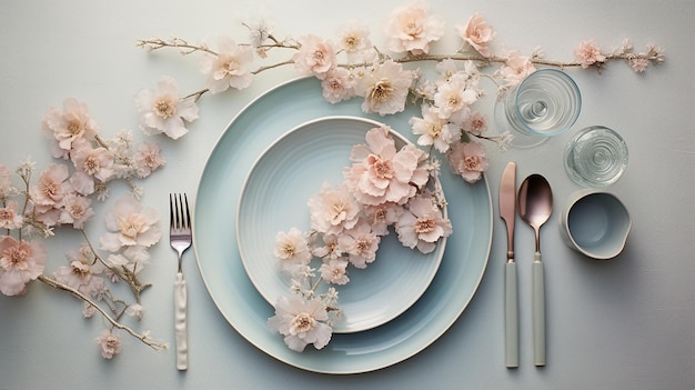 Uroczystościowe ustawienie stołu z kwiatami w niebieskim widoku z góry