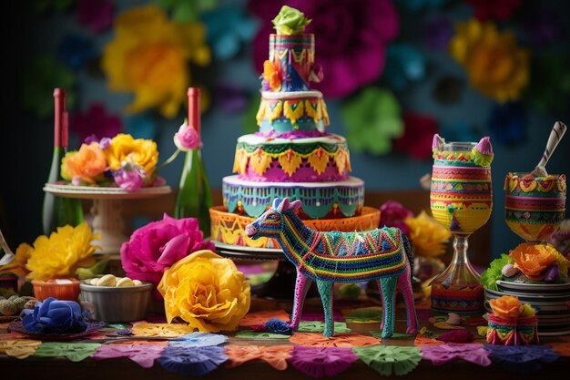 Uroczystościowe zdjęcie meksykańskiego stołu deserowego z kolorowymi ciastami piñata