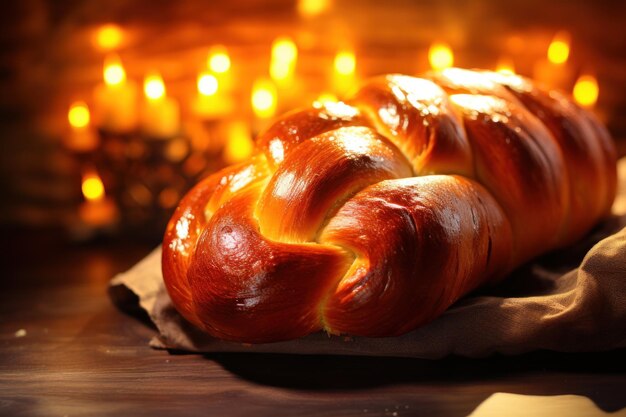 Zdjęcie uroczystościowy i magiczny obraz chleba challah na stole z niewyraźnymi światłami bokeh w tle