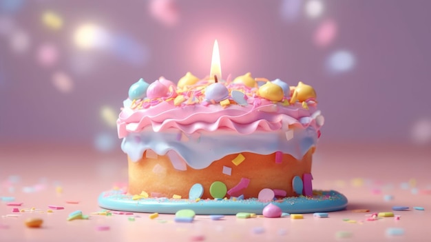 Uroczystościowy tort urodzinowy z świecącą świecą i kolorowymi konfetami