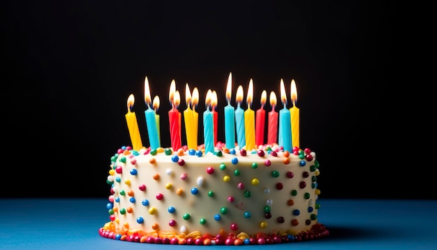 Uroczysty tort urodzinowy z dwudziestoma jeden kolorowymi świeczkami urodzinowymi generuje ai