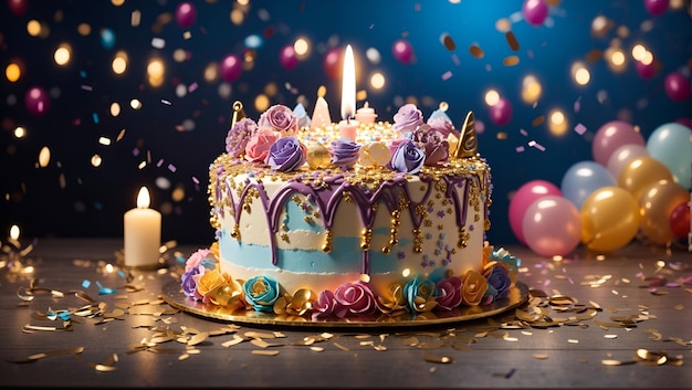 Urodzinowa uroczystość z dekadentnym tortem urodzinowym ozdobionym konfetti z balonami świecowymi